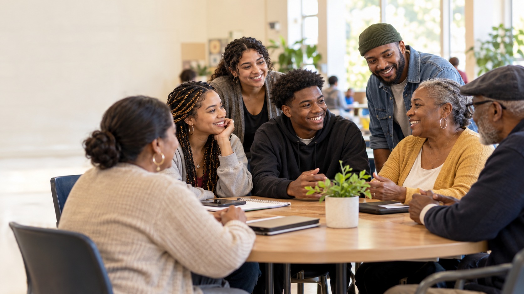 Illustrative image of teens, adults, and seniors sharing a conversation at a community center